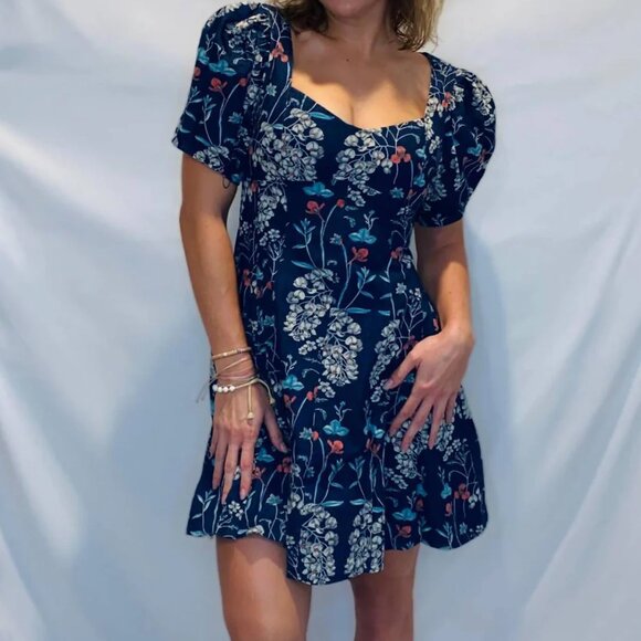 En Saison Opal Mini Dress Denim Floral Sweetheart Neckline Puff Sleeve Small - Picture 3 of 15